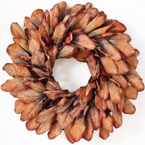 26" Artificial Fall Magnolia Leaf Wreath for Front Door Decoration (Orange)