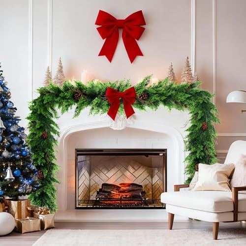 9 Ft Christmas Cedar Garland - Cypress Garlands,Artificial Real Touch Pine Garlands - Garland Xmas Decorations for Table, Mantle, Wall, Indoor, Outdoor Christmas Decorations