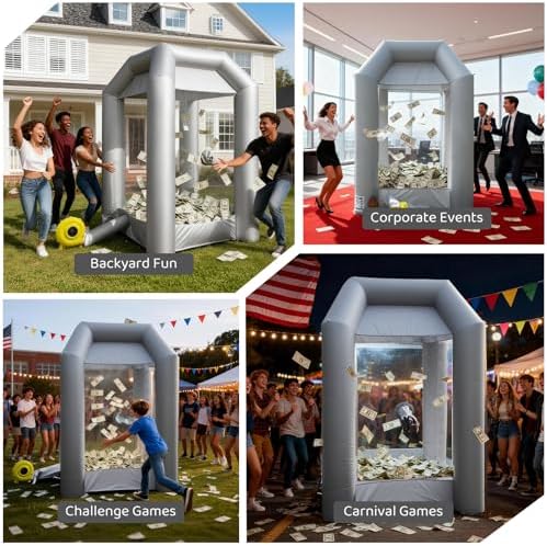 Inflatable Cash Cube Booth with 2 Blowers, Inflatable Money Grab Machine for Commercial Advertising & Event Promotion, Fast Inflation (Silver, 5.2x5.2x8.5FT)