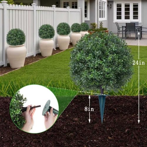 Yangrass 2PCS 24" Artificial Boxwood Topiary Ball Trees with Ground Spike