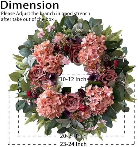 WANNA-CUL 24 Inch Pink Hydrangea Spring Wreath for Front Door