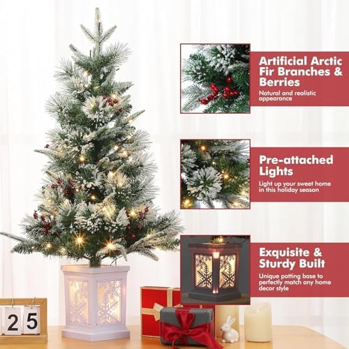 GarveeTech 3 Ft Christmas Tree, Reindeer Base, Fiber Optic Light-Style Artificial Christmas Tree, 78 Led Lights, 8-Mode Battery Box, Red Berry Decorations, Holiday Ready, Easy Installation
