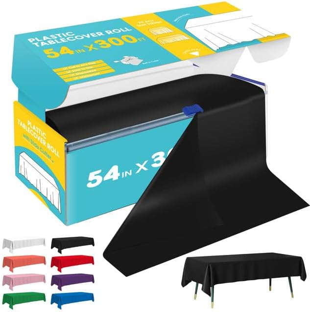 Black Plastic Table Cover Roll - 54IN x 300FT, Table Cloth for Rectangle Table with Slide Cutter, Plastic Table Cloth Disposable with Cut-to-Size Design for Weddings, Banquets, Parties