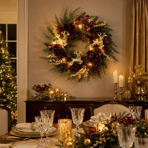 Svndlyn 22 Inch Lighted Burgundy Christmas Wreath with Timer and Reindeer
