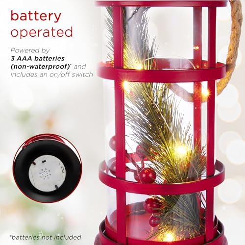 Alpine Corporation 13" Tall Metal and Glass Christmas Lantern with 8 Warm White LED Lights, Built-in Timer, Indoor Holiday Decoration for Tabletop or Hanging Display, Red