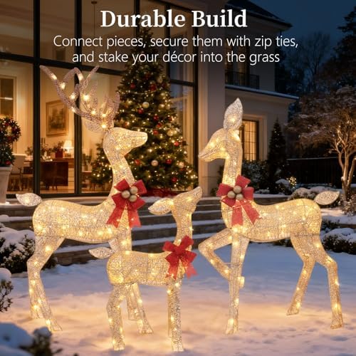 3-Piece Lighted Christmas Deer Family - HOLILITE 4.5ft 3D Pre-Lit Reindeer Outdoor Decorations with 210 LED Lights, Yard/Garden/Patio Holiday Display - Gold