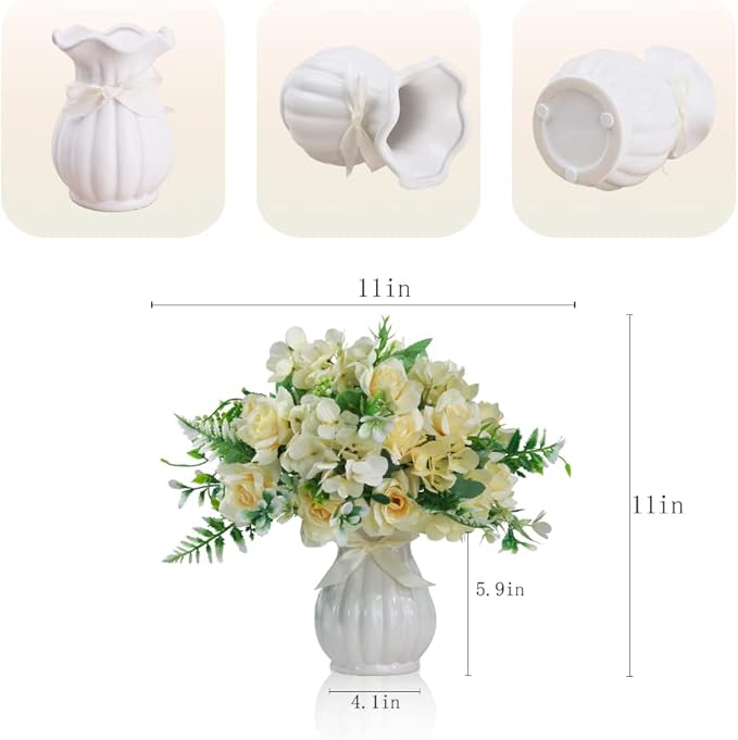 LESING Artificial Rose Silk Hydrangea Flowers Bouquets with Vase Rustic Fake Flowers for Home Decoration Table Centerpiece (Champagne)