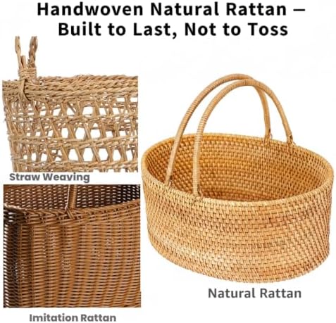 Rattan Picnic Basket with Handle, 12.6x9x5 in Handwoven Storage Decor