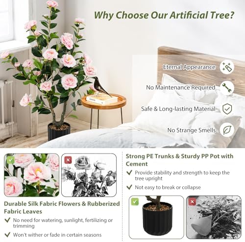 Goplus 38’’ Artificial Camellia Tree, Flower Plants Artificial Tree
