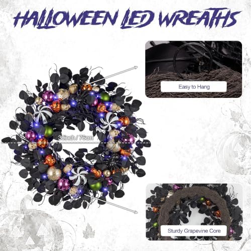 JORNOY 30-Inch Halloween Wreath with Battery Timer - Spider, Balls, Skull