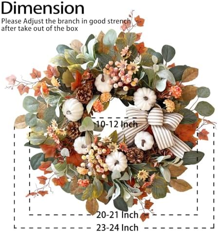 WANNA-CUL 24 Inch Farmhouse Fall Wreath for Front Door with White Pumpkin