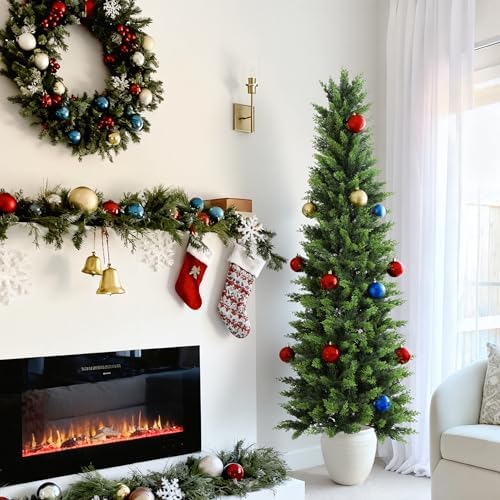 6.03ft UV Resistant Artificial Cedar Tree with Full & Soft Real Touch Leaves, 72.4in Realistic Faux Cypress Tree, Fake Topiary Trees for Front Door Proch Patio Deck Balcony Yard Decor