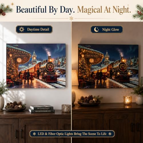 christmas lighted canvas wall art, north pole train, close-up detail