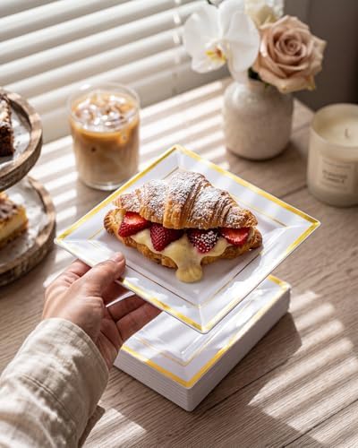 bUCLA 100PCS Gold Square Plastic Plates - 6inch Disposable Dessert/Cake Plates - Premium Hard Square Small Appetizer Plates for Wedding&Party