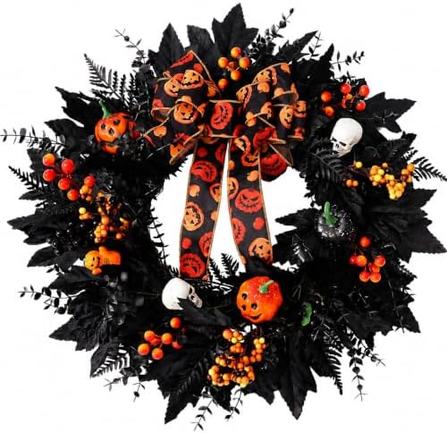 24 in Halloween Wreath for Front Door, Black Skeleton Spider Web Door Decor