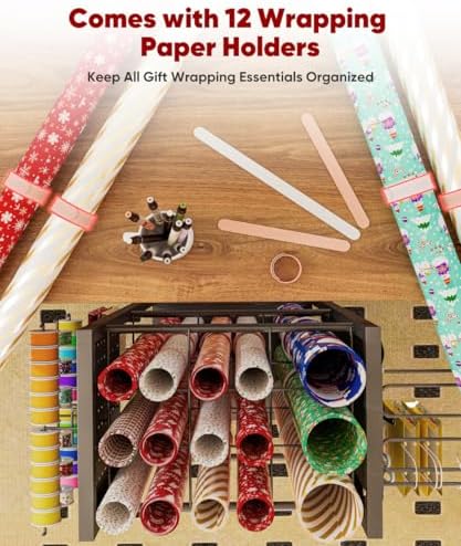 wrapping paper storage organizer with wheels & bag showing dimensions