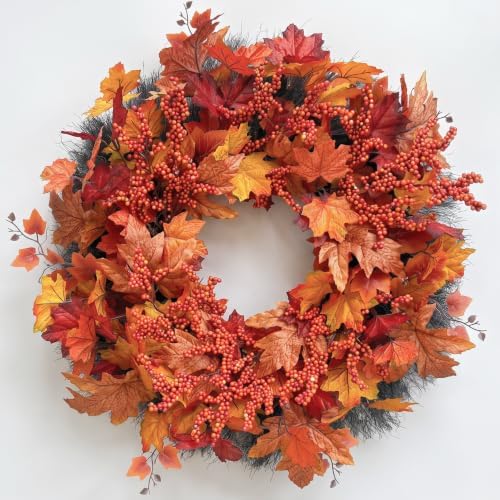 Fall Maple Leaf Wreath, 26Inch Fall Wreaths for Front Door, Large Autumn Wreath with Maple Leaves and Berries, Fall Wreath for Porch Thanksgiving & Harvest Fall Decor