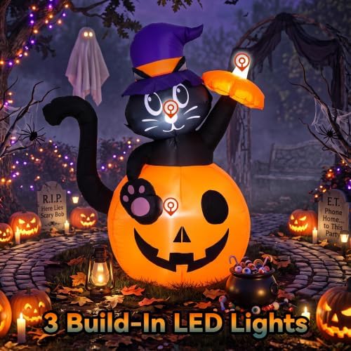 4.5FT Halloween Inflatable Black Cat with Pumpkin Outdoor Decorations, Blow Up Black Cat Yard Decor with Built-in LEDs for Garden Lawn Party Holiday Display