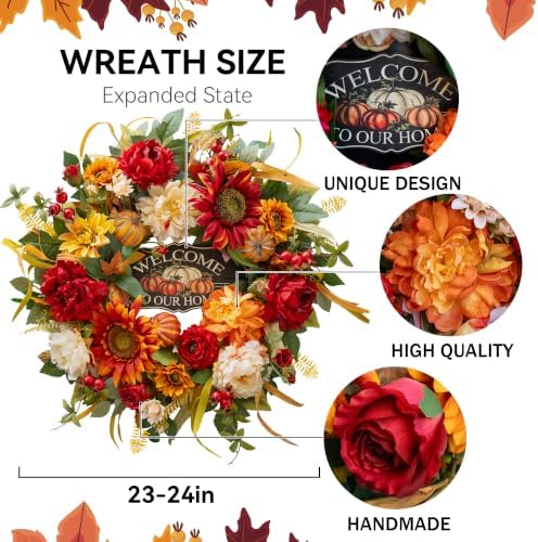 24 Inch Fall Wreath for Front Door，Rustic Harvest Autumn Wreath