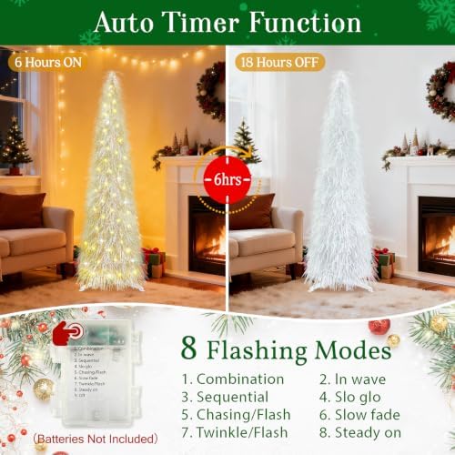 5 FT Shaggy Pop Up Christmas Tree with 50 Timer Lights, White Collapsible Artificial Tinsel Christmas Pencil Tree for Home Apartment Office Holiday Party Decor, Easy Assembly