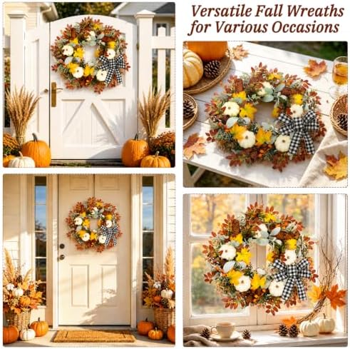 Grooy 24 Inch Fall Wreath for Front Door with Artificial Pumpkin Bow