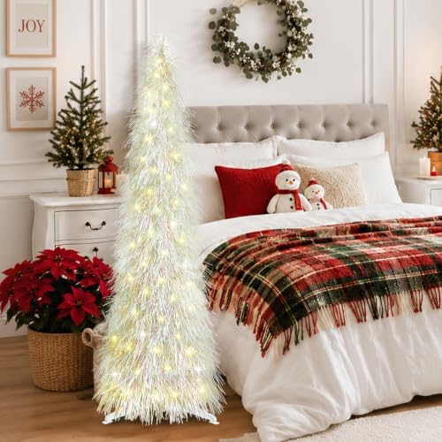 5 FT Shaggy Pop Up Christmas Tree with 50 Timer Lights, White Collapsible Artificial Tinsel Christmas Pencil Tree for Home Apartment Office Holiday Party Decor, Easy Assembly