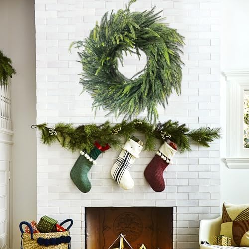 24 Inch Real Touch Norfolk Pine Christmas Wreath for Front Door Outside