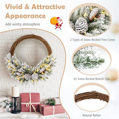 GOFLAME 24” Pre-lit Artificial Christmas Wreath, Snow Flocked Xmas Hoop Wreath with 35 LED Lights, 65 Branch Tips, 8 Natural Pine Cones, Timer, Battery-Operated Holiday Decoration for Window Wall