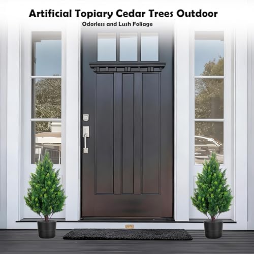 28 Inch Artificial Cedar Tree with Pot, Compact Faux Cypress Evergreen Topiary Plant for Indoor Corner, Living Room, Small Balcony & Entryway, Realistic Potted Fake Tree Accent