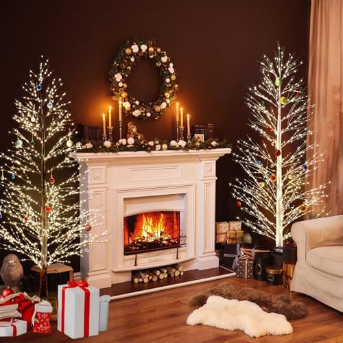 6FT Lighted Birch Tree with 1300 LED Lights, Twinkle Light Brown Christmas Tree with Timer IP44 Waterproof for Indoor Outdoor Festival Wedding Party Christmas Decorations