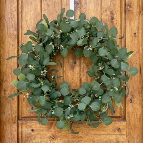 24 Inch Eucalyptus Wreath for Front Door, Large Artificial Greenery Wreaths with Olive Leaves and Berries, Farmhouse Spring Summer Decor for Porch, Wall, Window, All Season