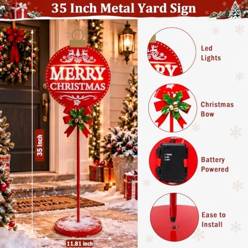 Christmas Signs with LED Lights,Battery Operated Metal Outdoor Porch Decor