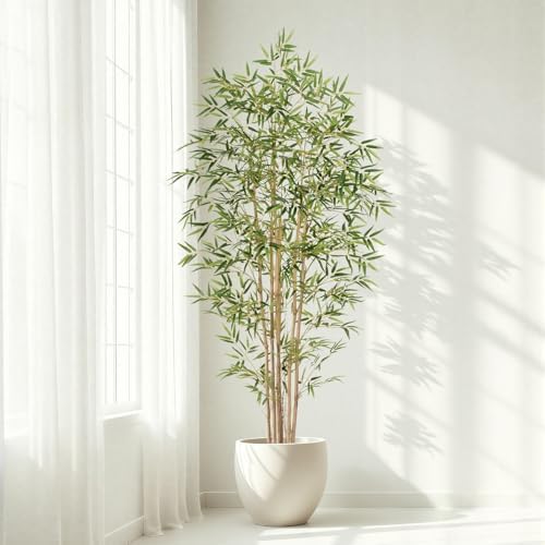 Artificial Bamboo Tree, Fake Bamboo Plant 6FT Tall with 6 Natural Real Bamboo Trunks, Artificial Tree Indoor Decor Faux Silk Tree for Home Office Living Room Modern Decor