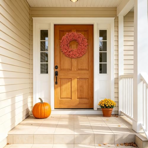 24" Orange Fall Wreath for Front Door, Artificial Mums Autumn Wreath