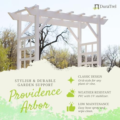 Dura-Trel Providence Arbor, Vinyl Garden Archway for Outdoors, 64" x 85", White - Backyard Decorative Arch and Backdrop with Lattice Design and Trellis Sides for Climbing Plants, Vines and Flowers