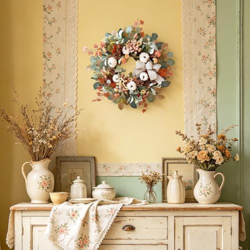 WANNA-CUL 24 Inch Farmhouse Fall Wreath for Front Door with White Pumpkin
