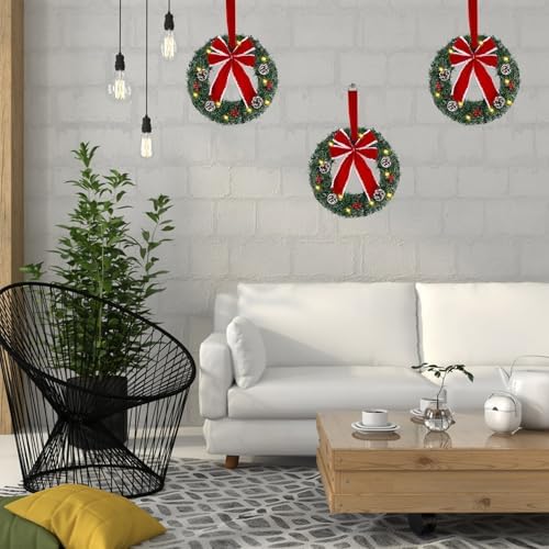 Hausse Set of 3 Christmas Wreaths, Lighted Artificial Christmas Wreath with Large Red Bow & Ornaments, Battery Operated with LED Lights, for Front Door Gate Wall Christmas Party Decorations