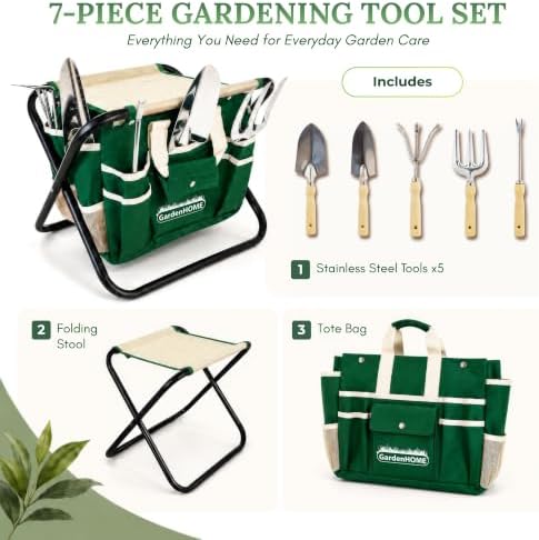GardenHOME 7-Piece Garden Tool Set with Folding Stool & Storage Tote