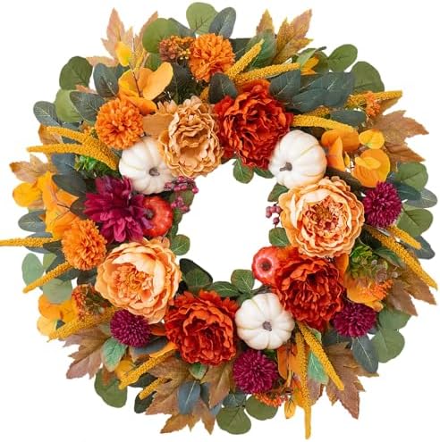 24 Inch Fall Wreaths for Front Door with Orange Peony and Burgundy Dahlias
