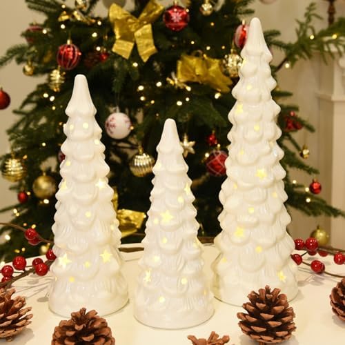 Set of 3 White Ceramic Christmas Trees that Light Up Decorations