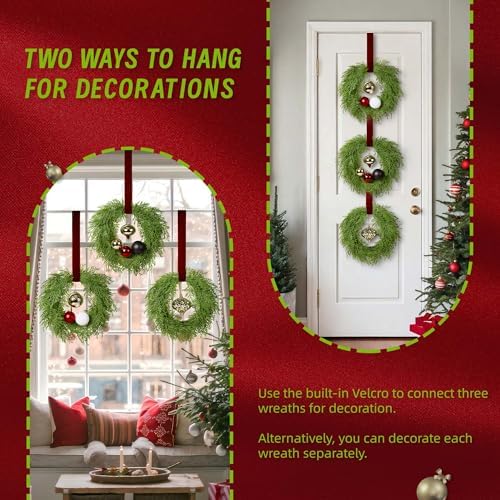 12 Inch Small Christmas Wreath Set, 3 Pack Kitchen Cabinet Chrismtas Wreath Pre-Decorated with Ball Ornaments & Ribbon, Simple Mini Cedar Wreath for Window, Chair, Wall Indoor Decoration
