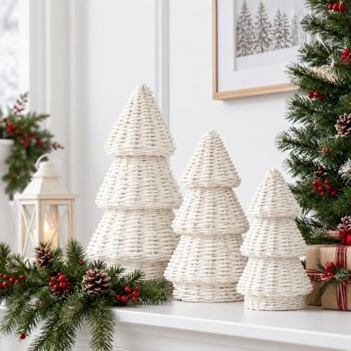 MiniInflat 3 Pcs Woven Rattan Christmas Tree Decor, Classic Weave, White