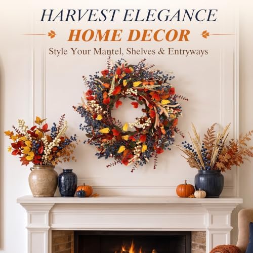 24" Fall Wreaths for Front Door, Fall Wreaths Lush Autumn Leaves & Berries