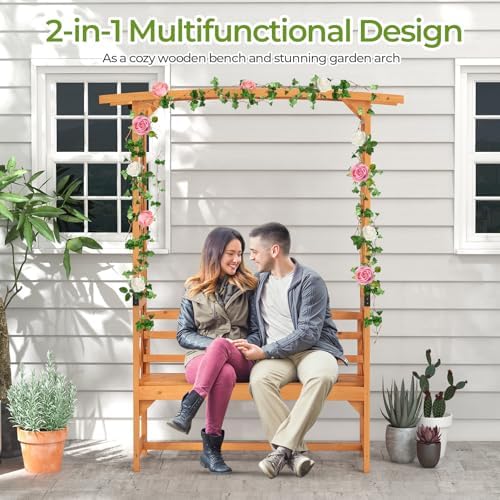 Giantex Garden Arbor with Bench, Wooden Garden Arch Trellis 63''W x 79''H