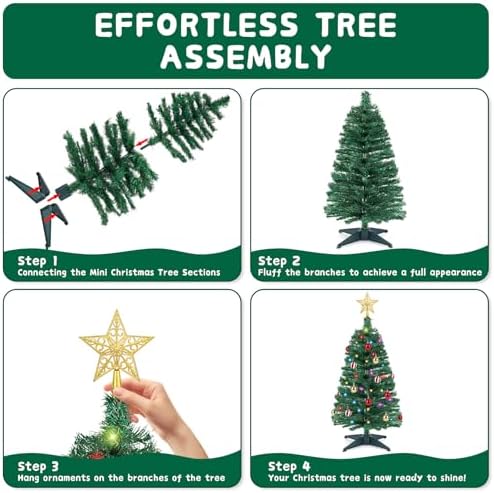 3 FT Small Christmas Tree with Lights, 12 Lighting Modes, Timer&Ornaments, Mini Fake Artificial Xmas Tree for Tabletop, Home, Office, Christmas Decoration Tree Decor