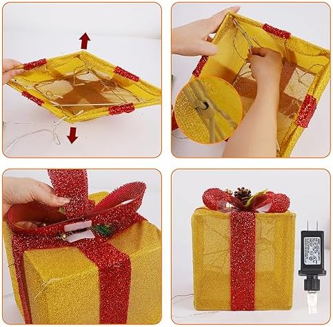 Set of 4 Christmas Lighted Gift Boxes Decorations, Pre-lit Tinsel Present Box with Bowknot(Red Green Yellow Blue), Light Up Xmas Tree Skirt Ornament, Indoor Outdoor Plug in for Home Holiday Party
