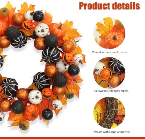 TOKCARE 22 Inch Halloween Wreath for Front Door with Pumpkins and Ornaments