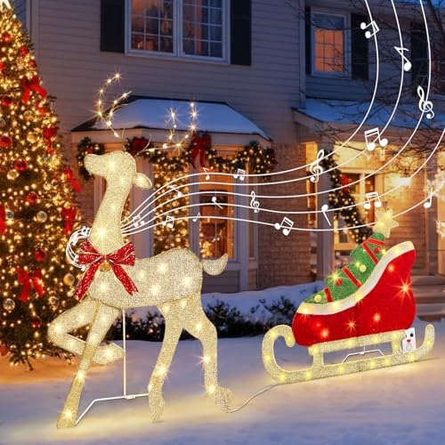 EAMBRITE Christmas Decorations Outdoor, 42 Inch Christmas Reindeer & Sled with 117 Warm White Lights, Motion Sensor 2D Music Lighted Deer Christmas Decor for Xmas Tree Lawn Porch Garden