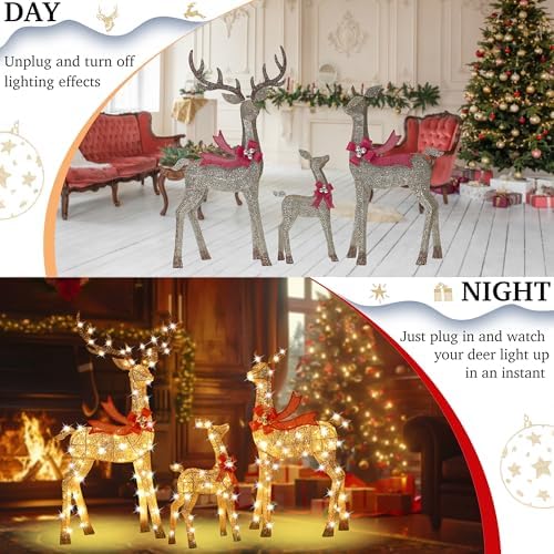 58 Inch 3D Gold Large Lighted Christmas Deer Decorations 3-Piece Outdoor Holiday Decorations Reindeer Set with 210 Warm White LEDs, Large Yard Display for Garden, Storefront