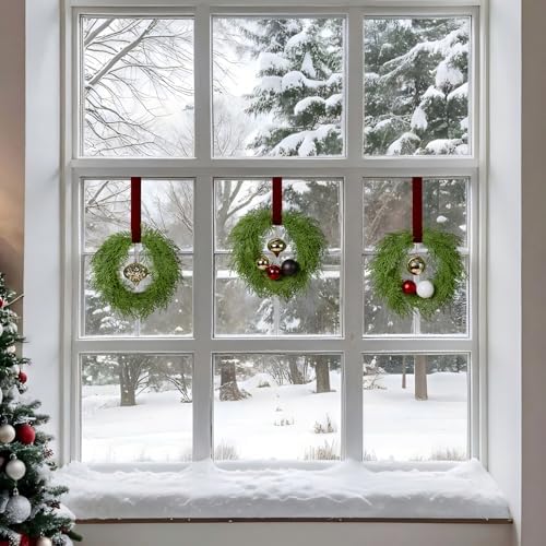 12 Inch Small Christmas Wreath Set, 3 Pack Kitchen Cabinet Chrismtas Wreath Pre-Decorated with Ball Ornaments & Ribbon, Simple Mini Cedar Wreath for Window, Chair, Wall Indoor Decoration